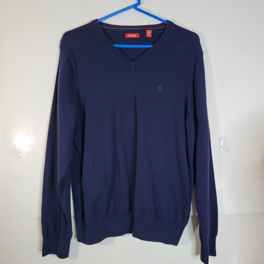 Mens Izod Cotton V-neck Sweater Navy Blue Size Med